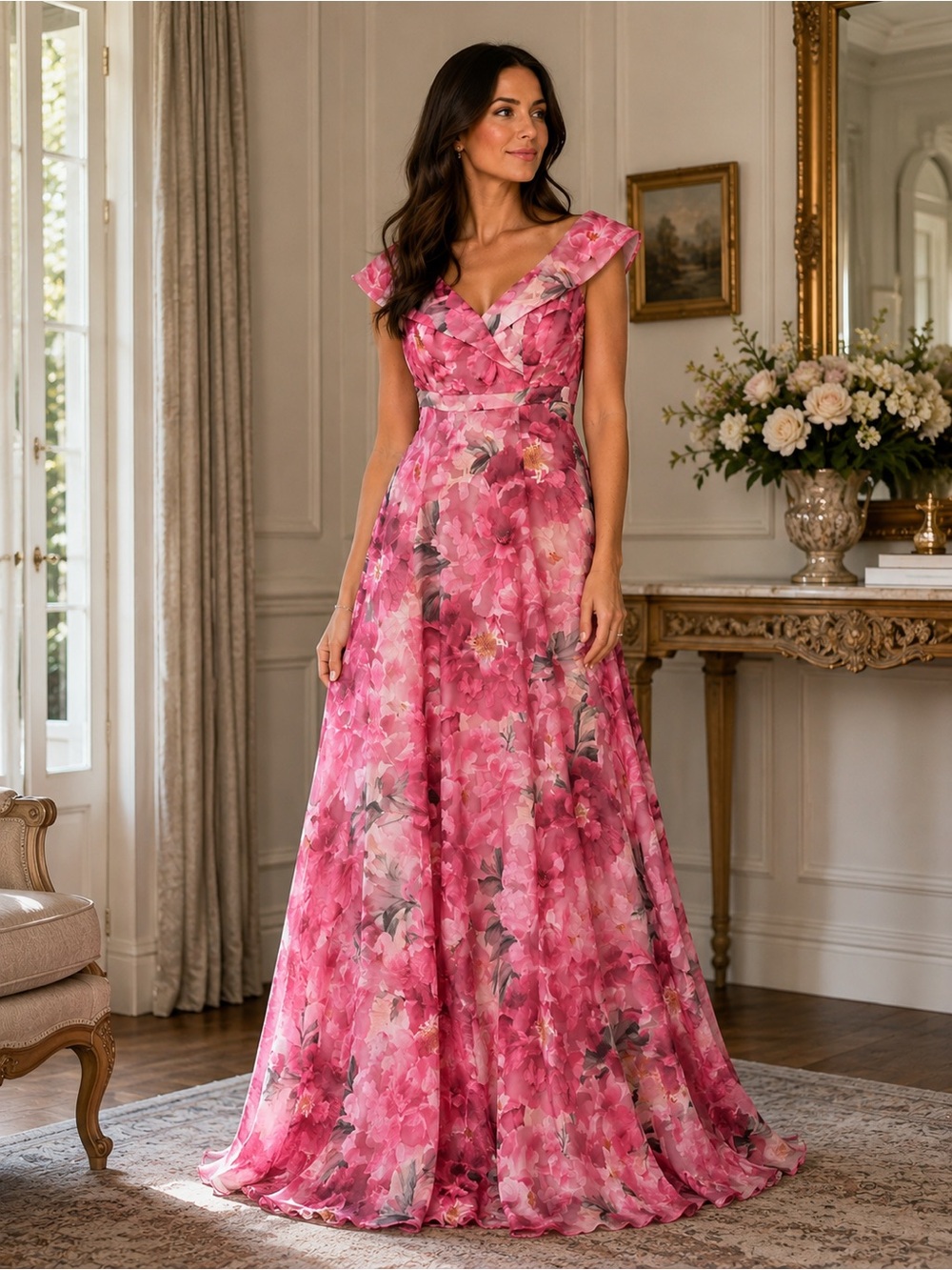Xscape Pink Floral Gown Dress with Cap Sleeves size 6